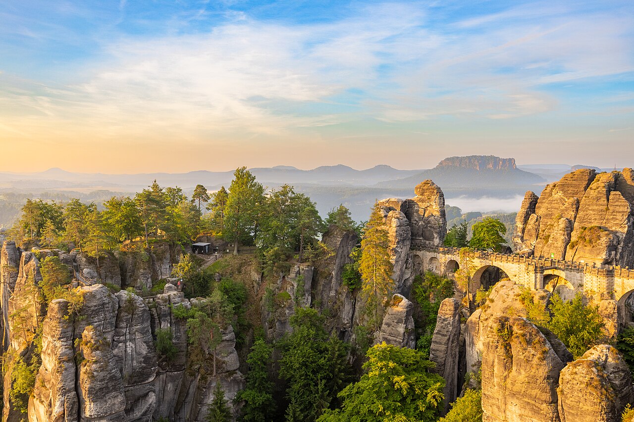 The Bastei rock formations and stone bridge above the Elbe in Saxon Switzerland, eastern Germany