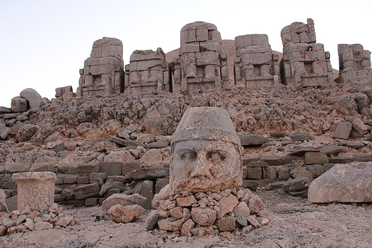 Stone heads of ancient statues in front of the terrace ruins on Mount Nemrut