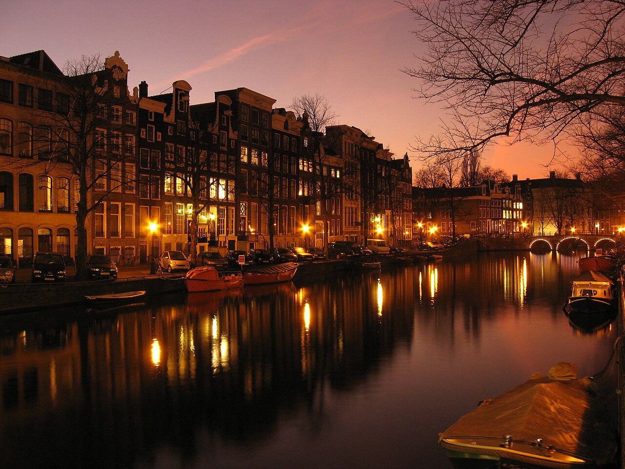 The Prinsengracht canal lined with narrow gabled houses in Amsterdam