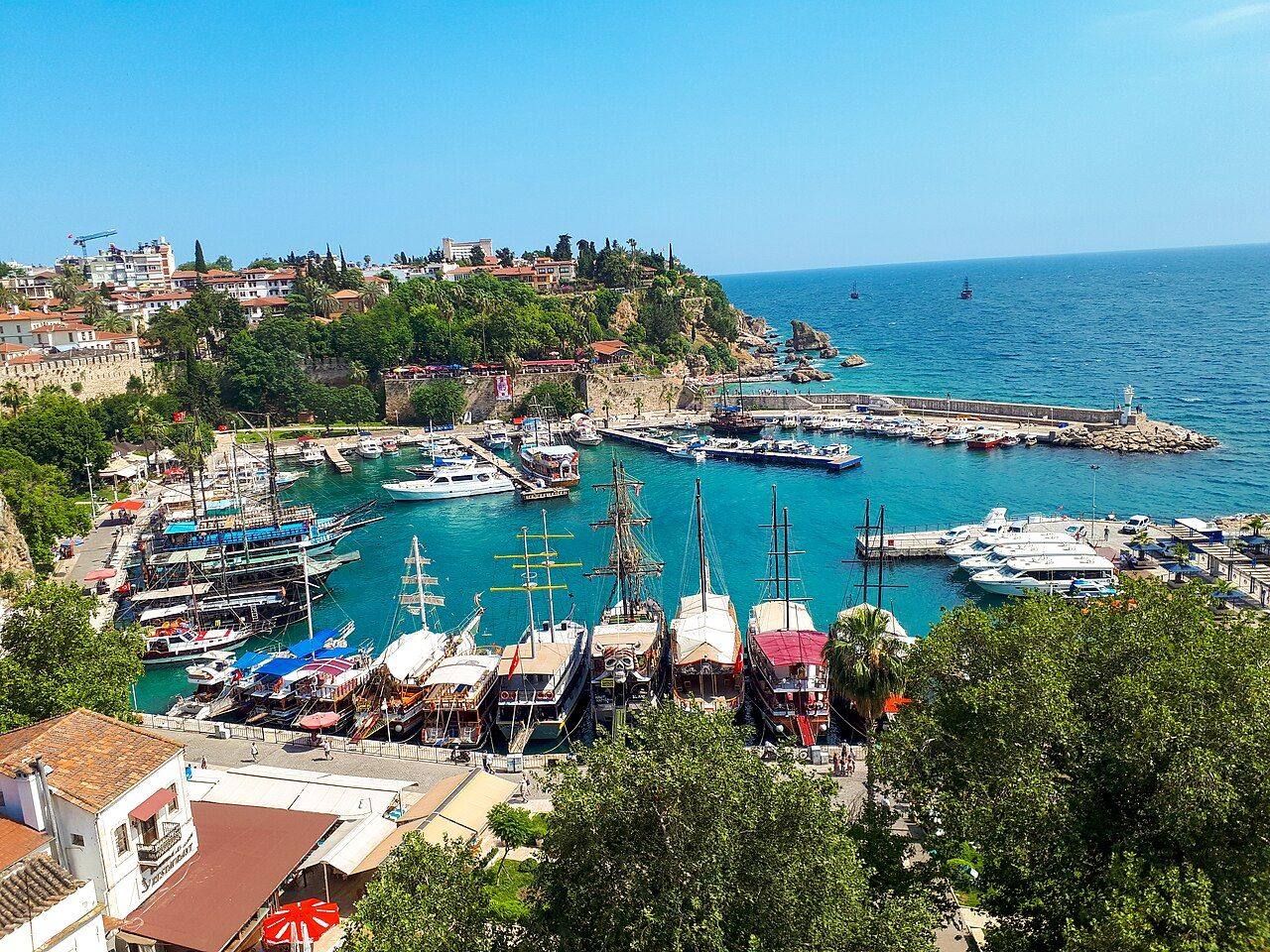 Rooftops and old stone walls of the Kaleiçi old town in Antalya