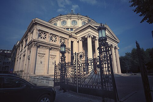 The Romanian Athenaeum, a domed concert hall with a columned front, in central Bucharest