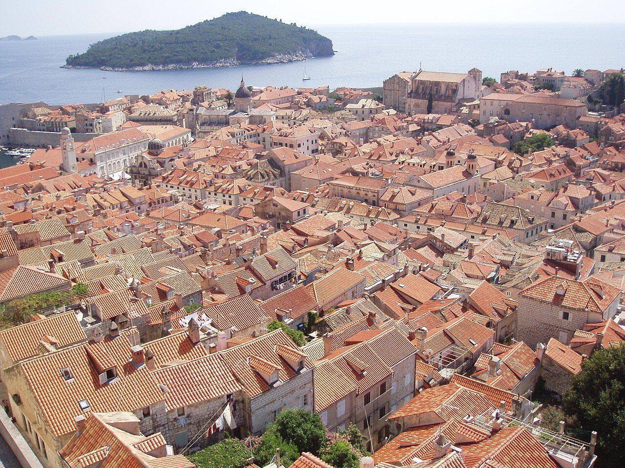 The terracotta roofs of Dubrovnik's old town and the Adriatic, seen from the city walls