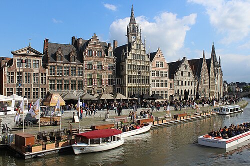 The Graslei in Ghent, a row of old gabled guild houses along the canal