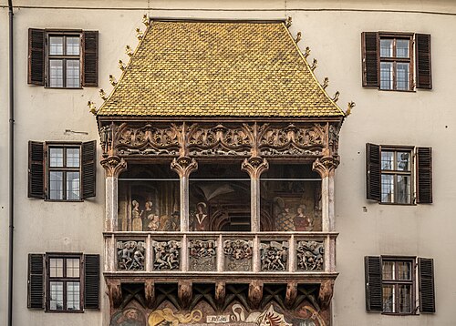 The Golden Roof, a late Gothic balcony with gilded tiles, on a house front in Innsbruck's old town