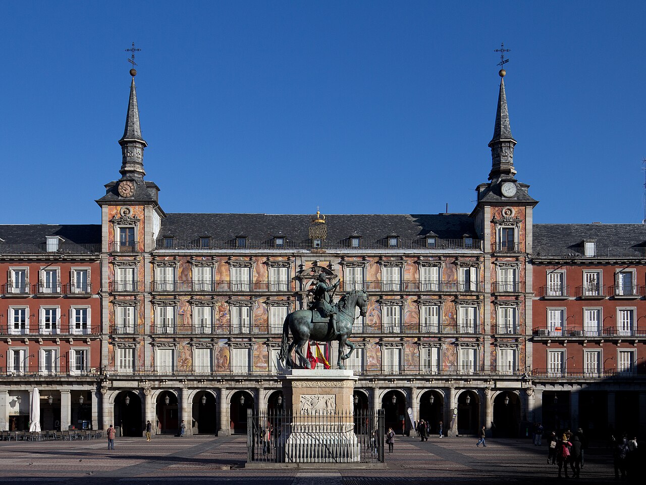 The Plaza Mayor in Madrid, with Philip III on horseback before the painted Casa de la Panadería