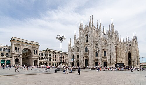 The front of Milan Cathedral on Piazza del Duomo