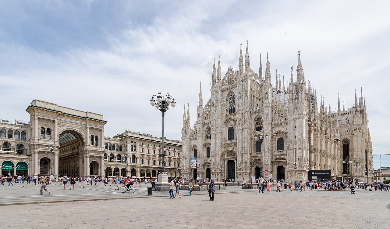 The front of Milan Cathedral on Piazza del Duomo