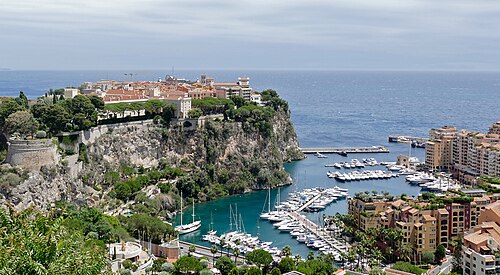 The Rock of Monaco with the Prince's Palace and cathedral above the marina at Fontvieille