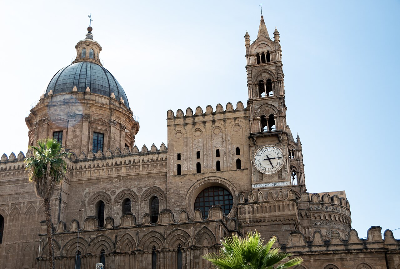 The cathedral of Palermo seen from the street, with its towers and Norman and Arab-style facade