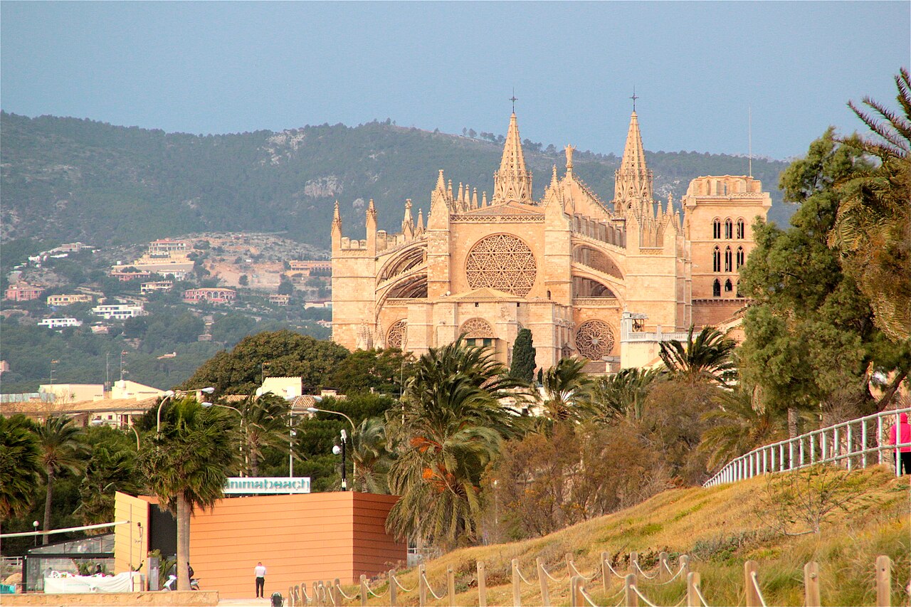 The cathedral of Palma in warm evening light, seen over palm trees from the Can Pere Antoni seafront, with wooded hills behind