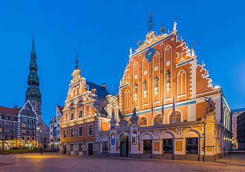 The House of the Blackheads and the tower of St Peter's Church in Riga's Old Town