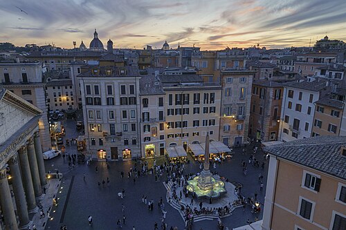 The Pantheon and the fountain in Piazza della Rotonda at sunset
