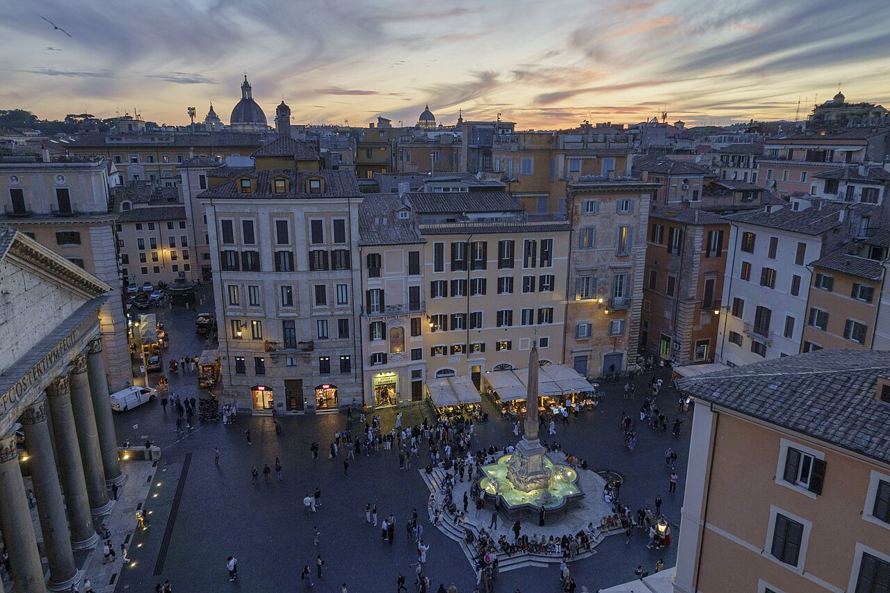 The Pantheon and the fountain in Piazza della Rotonda at sunset