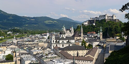 The old town of Salzburg and the fortress above it, seen across the river