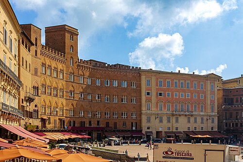 Piazza del Campo in Siena, the shell-shaped square, with the Palazzo Pubblico and the Torre del Mangia
