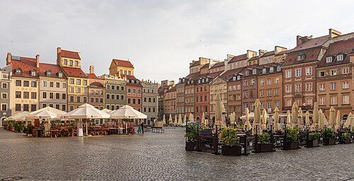 The Old Town Market Square in Warsaw, lined with rebuilt townhouses