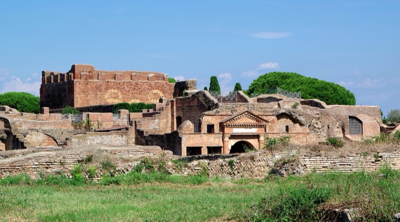 Ruins at Ostia Antica among umbrella pines